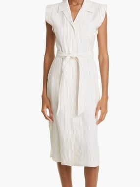 rag & bone Sleeveless White Pinstripe Midi Shirt Dress with Tie